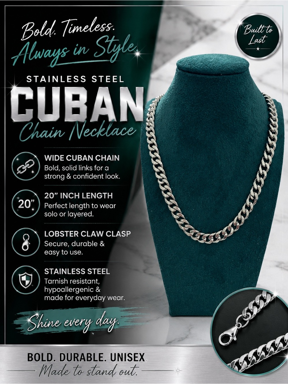 Stainless Steel Cuban Chain Necklace - 20”